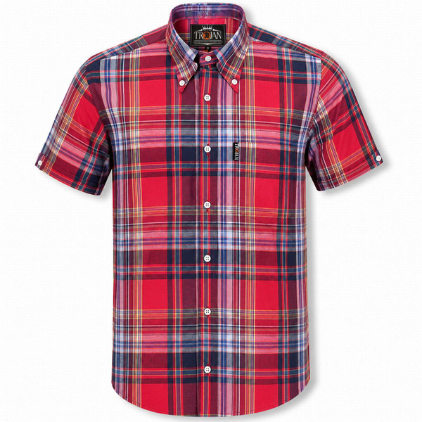 Front of the Trojan Men's Mod Button Down Short Sleeve Check Shirt in Blood