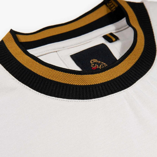 Luke 1977 Coron Honeycomb Stripe Pique T-shirt in Ice Grey - Collar Close Up 