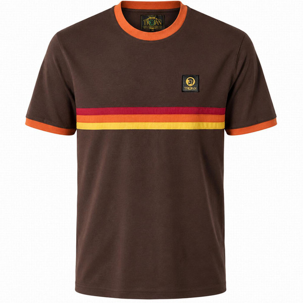Trojan Retro 70s Cut and Sew Chest Stripe Ringer T-shirt in Chocolate Front View