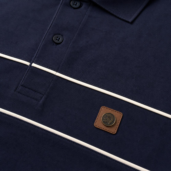 Piping Stripes on the Trojan Piping Stripe Men's Mod Polo Shirt in Navy