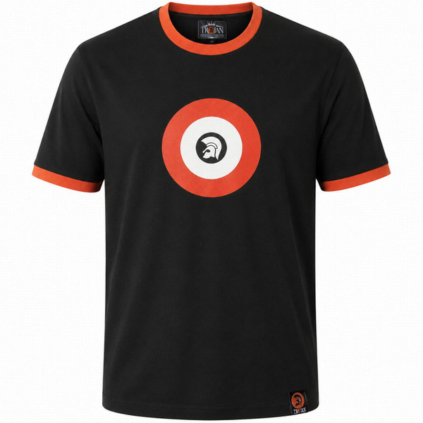 Trojan Helmet Logo Mod Target Ringer T-shirt in Black Front View
