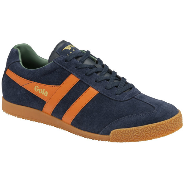 Gola Classics Harrier Suede Men's Retro Trainers in Navy / Moody Orange / Sage - Single trainer side view at angle