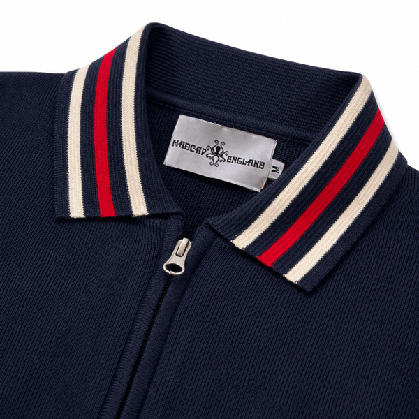 Madcap England Stevie Retro Stripe Collar Knitted Track Top in Navy Blazer Close Up