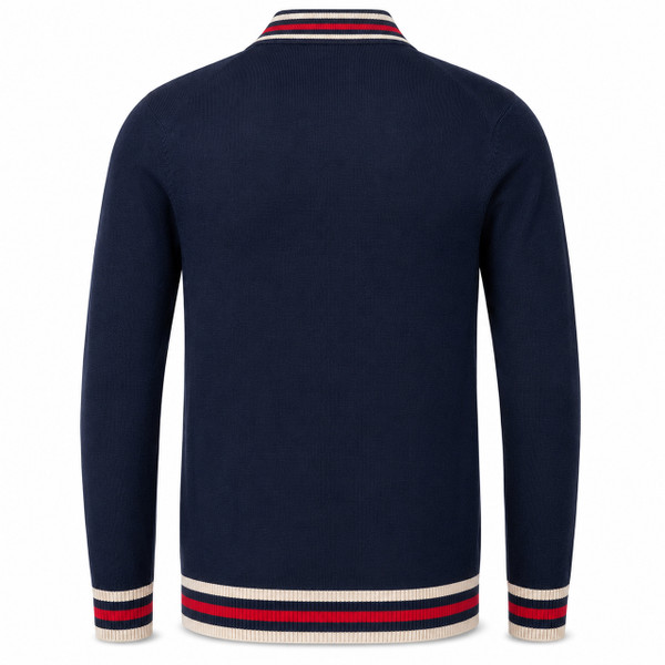 Madcap England Stevie Retro Stripe Collar Knitted Track Top in Navy Blazer Back View