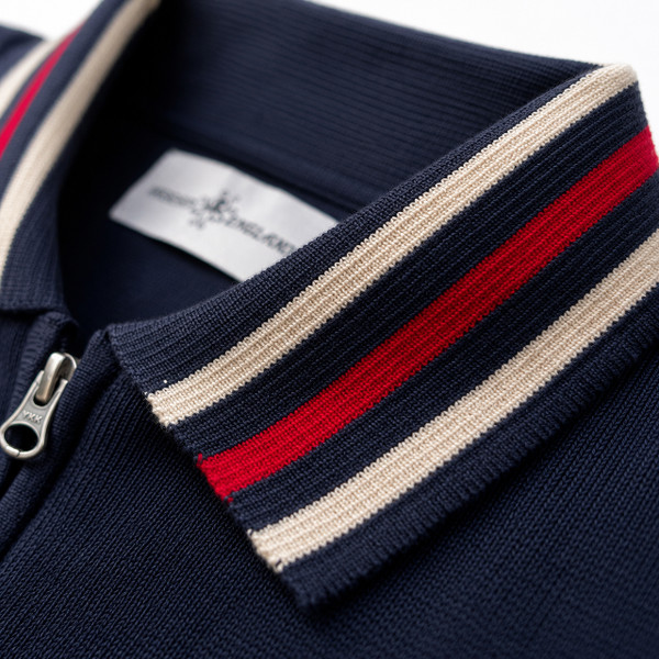 Madcap England Stevie Retro Stripe Collar Knitted Track Top in Navy Blazer Collar Detail