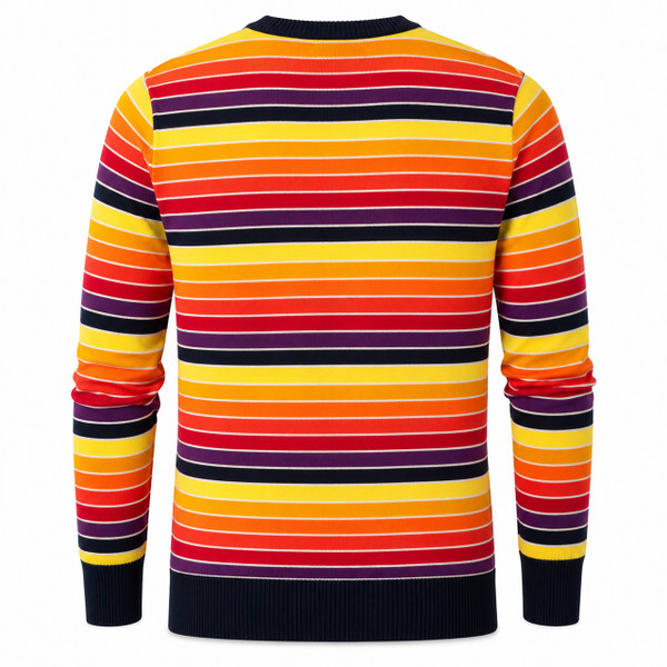 Madcap England Sundown Retro Gradient Rainbow Stripe Jumper in Navy and Purple Back View