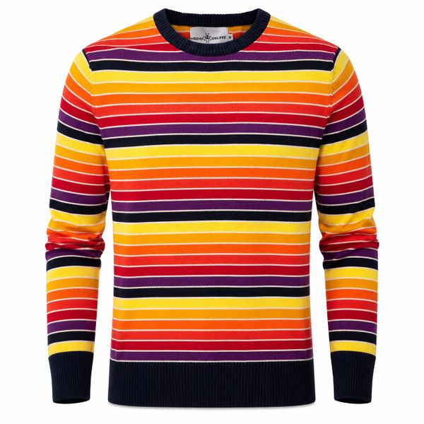 Madcap England Sundown Retro Gradient Rainbow Stripe Jumper in Navy and Purple Front View