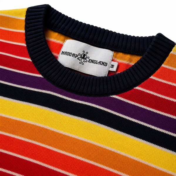 Madcap England Sundown Retro Gradient Rainbow Stripe Jumper in Navy and Purple Close Up