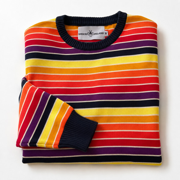 Madcap England Sundown Retro Gradient Rainbow Stripe Jumper in Navy and Purple Folded