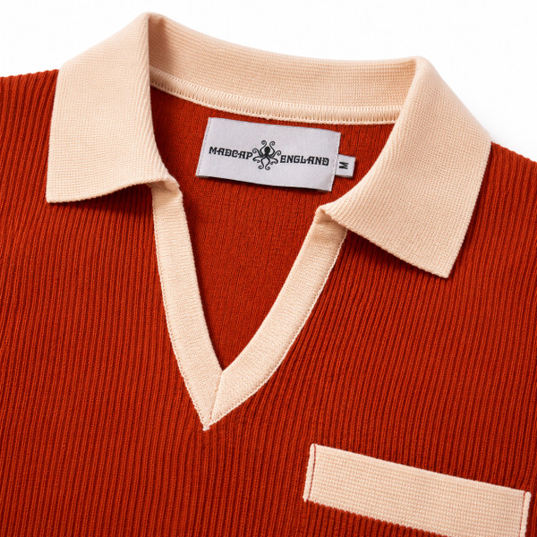 Madcap England Cabana Ribbed Knitted Skipper Neck Polo Shirt in Cinnamon Stick - Collar Detail