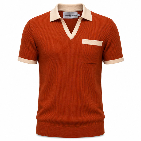 Madcap England Cabana Ribbed Knitted Skipper Neck Polo Shirt in Cinnamon Stick - Front View