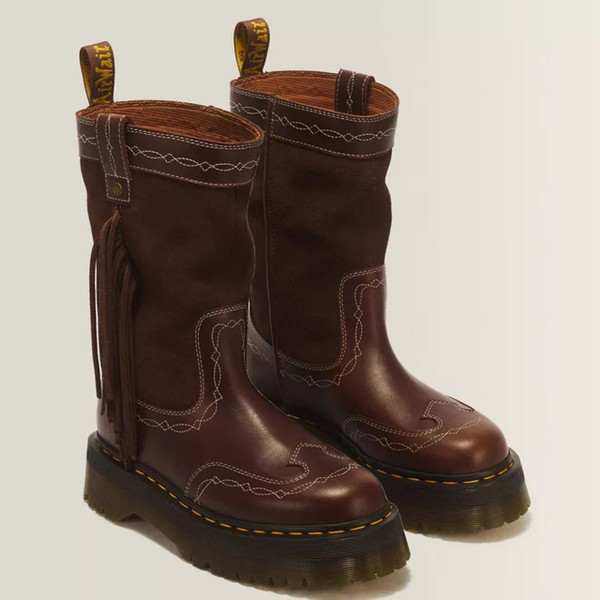 Dr Martens Women's Desert Rodeo Quad Mid Leather Boots in Dark Brown - 2 boots front facing at angle