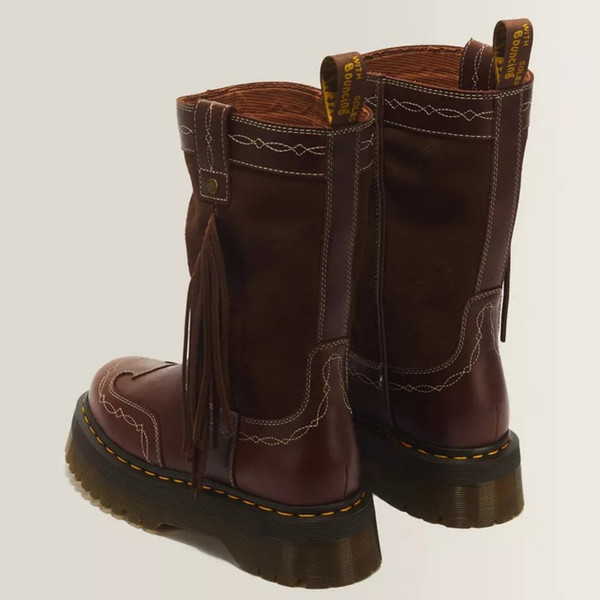 Dr Martens Women's Desert Rodeo Quad Mid Leather Boots in Dark Brown - 2 boots back at angle