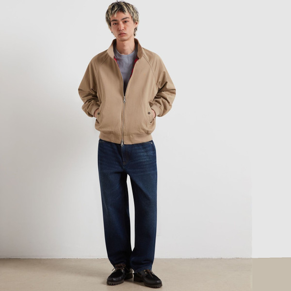 Model Wearing Farah Walt Cotton Twill Harrington Jacket in Beige - Full Length Front Facing