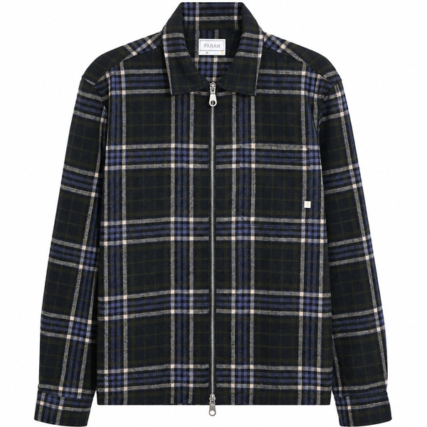Farah Asher Wool Blend Zip Through Check Overshirt in True Navy - Front Flat