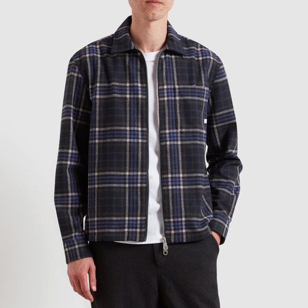 Model Wearing Farah Asher Wool Blend Zip Through Check Overshirt in True Navy - Front Facing