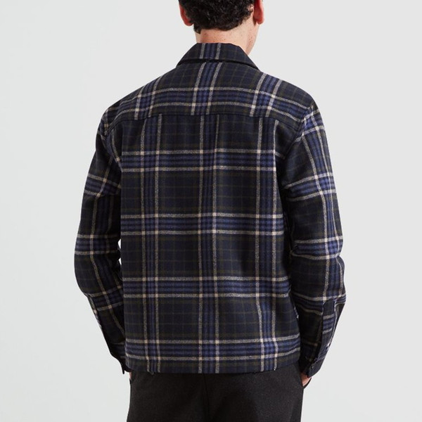 Model Wearing Farah Asher Wool Blend Zip Through Check Overshirt in True Navy - Back