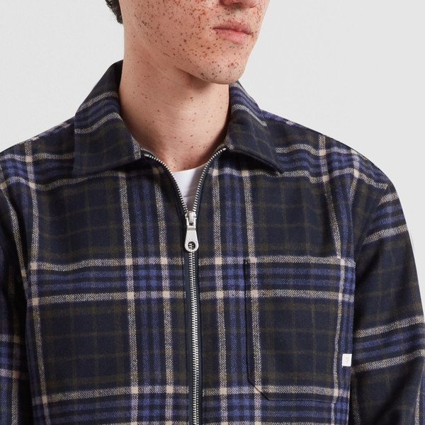 Model Wearing Farah Asher Wool Blend Zip Through Check Overshirt in True Navy - Front Close Up
