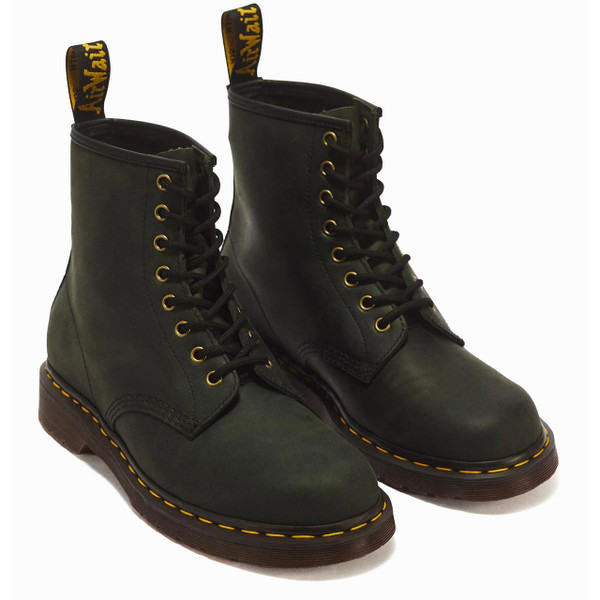 Dr Martens 1460 Crazy Horse Leather Boots in DMs Green - 2 boots front facing at angle