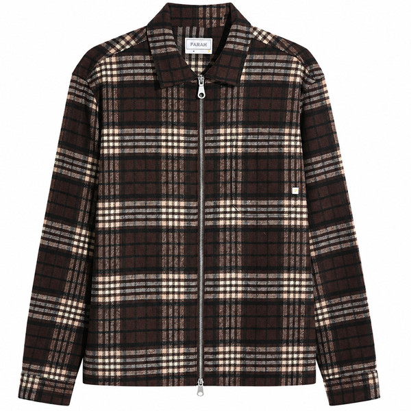 Farah Asher Wool Blend Zip Through Check Overshirt in Dark Brown - Front Flat