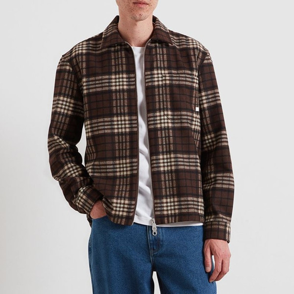 Model Wearing Farah Asher Wool Blend Zip Through Check Overshirt in Dark Brown - Front Facing