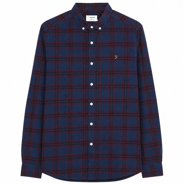 Farah Brewer Check Long Sleeve Button Down Oxford Shirt in Bordeaux - Front Flat