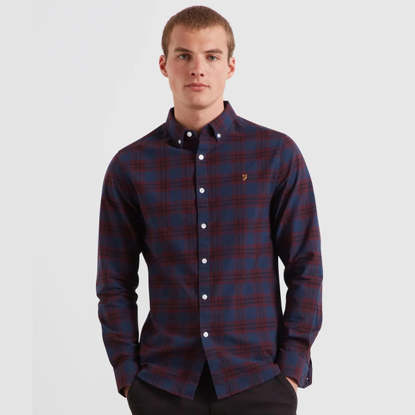Farah Brewer Check Long Sleeve Button Down Oxford Shirt in Bordeaux - Model Front Facing