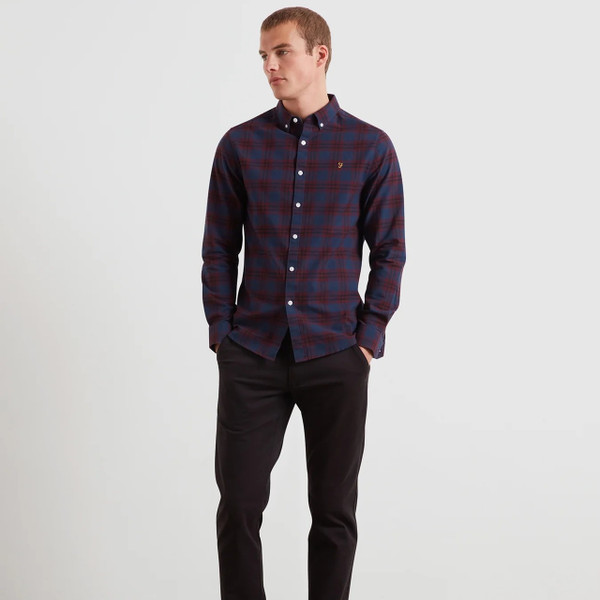 Farah Brewer Check Long Sleeve Button Down Oxford Shirt in Bordeaux - Model Full Length