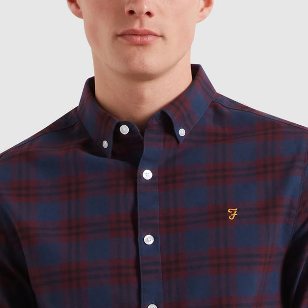 Farah Brewer Check Long Sleeve Button Down Oxford Shirt in Bordeaux - Close Up Button Down Collar