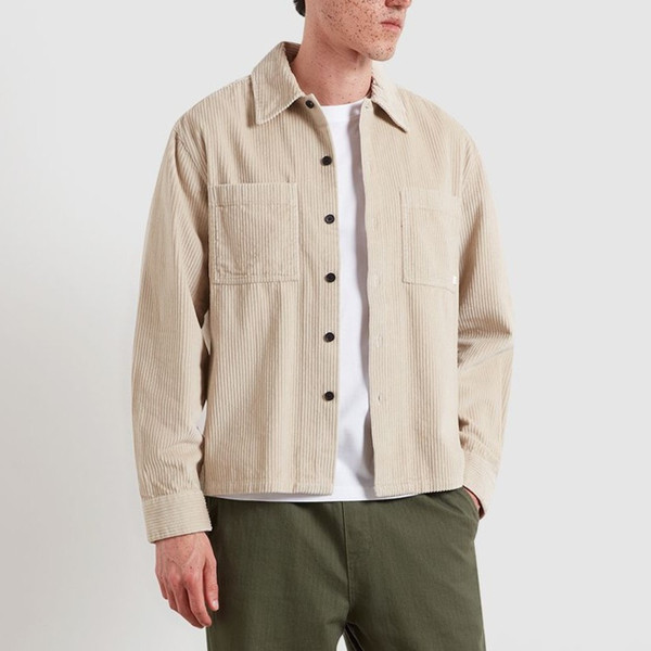 Model Wearing Farah Sawyer Long Sleeve F-Tab Organic Cotton Corduroy Overshirt in Putty - Front Facing