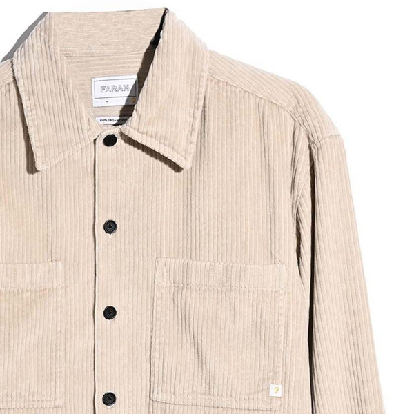 Farah Sawyer Long Sleeve F-Tab Organic Cotton Corduroy Overshirt in Putty - Flat Close Up Pocket