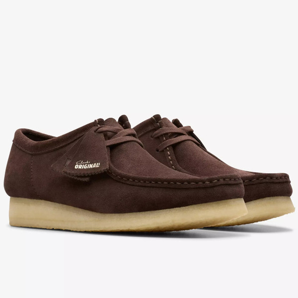 Clarks Originals Men's Wallabee Moccasin Shoes in Dark Brown Suede - Two shoes side on