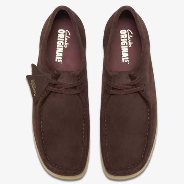 Clarks Originals Men's Wallabee Moccasin Shoes in Dark Brown Suede - Two shoes from above