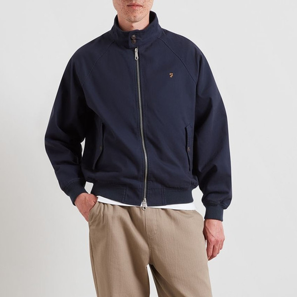Model Wearing Farah Walt Cotton Twill Harrington Jacket in True Navy - Front Facing