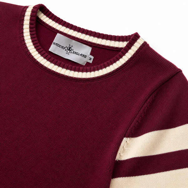 Madcap England Columbia Varsity Stripe Ivy League Knitted Jumper in Zinfandel Collar Detail