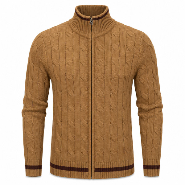 Madcap England Funnel Neck Chunky Cable Knit Cardigan in Fall Leaf Front View