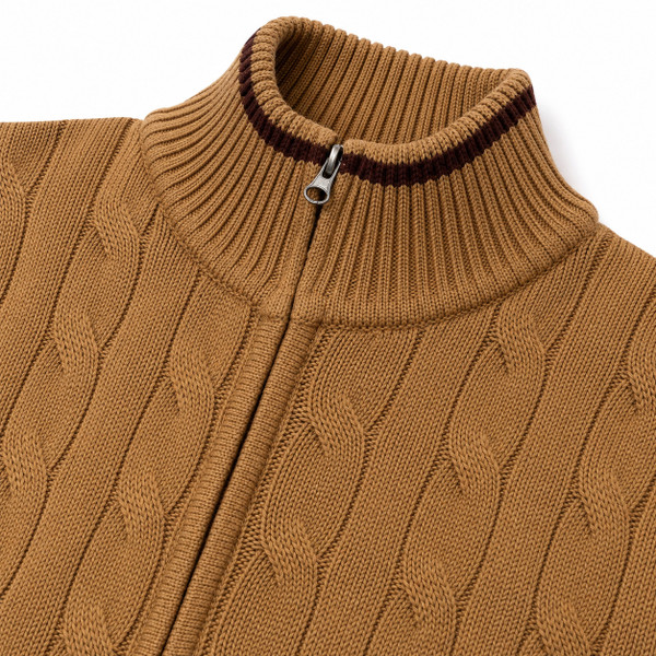 Madcap England Funnel Neck Chunky Cable Knit Cardigan in Fall Leaf Collar Detail