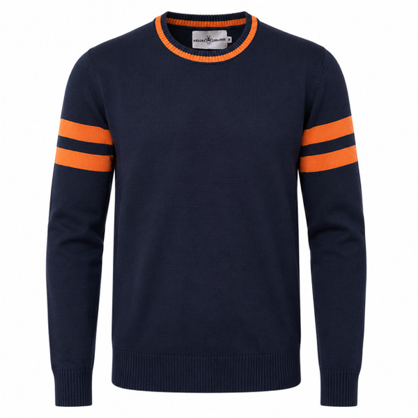 Madcap England Columbia Varsity Style Tipped Ivy League Jumper in Navy and Orange Front View