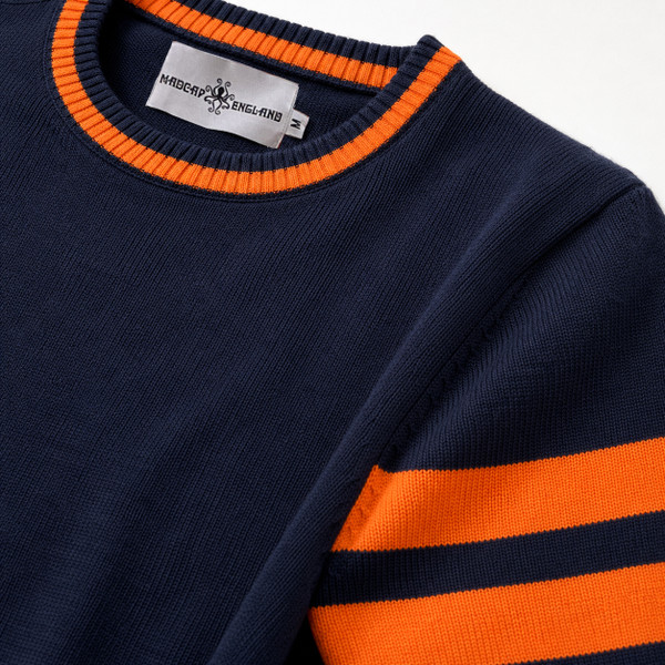 Madcap England Columbia Varsity Style Tipped Ivy League Jumper in Navy and Orange Close Up