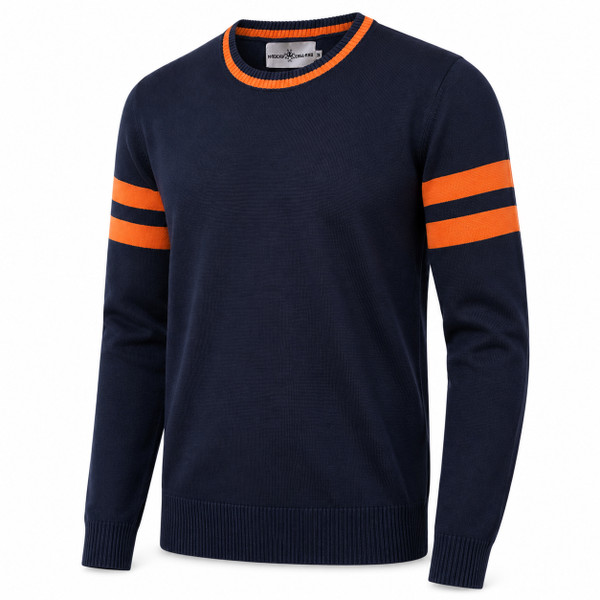 Madcap England Columbia Varsity Style Tipped Ivy League Jumper in Navy and Orange Side View