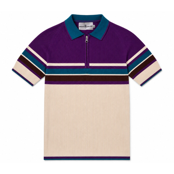 Madcap England Meteor Retro Stripe Ribbed Polo Shirt with Zip Neck Flat Lay