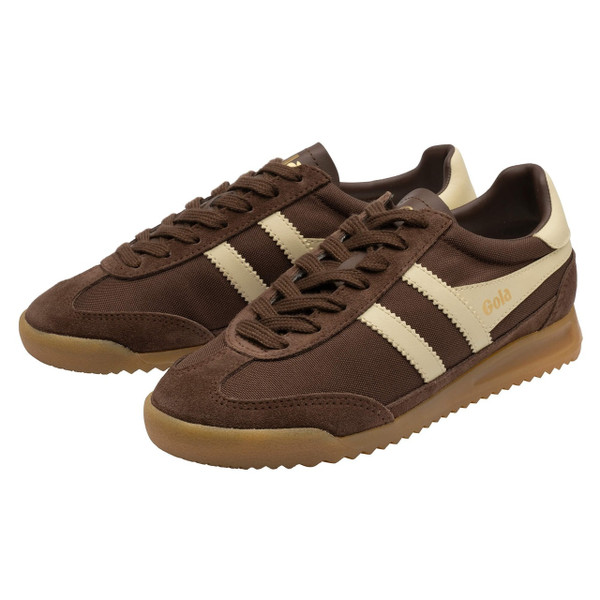 Gola Classics Tornado Women's Retro 80s Nylon and Suede Trainers in Dark Brown / Buttermilk - Pair of trainers side view at angle
