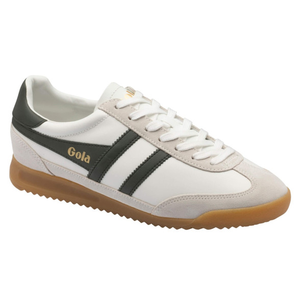 Gola Classics Tornado Men's Retro Leather Trainers in White / Dark Khaki - Single trainer side view  at angle