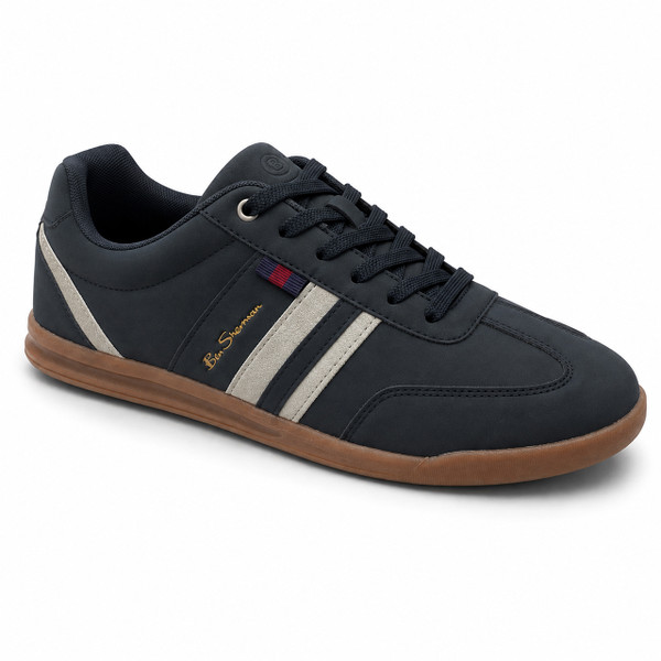 Ben Sherman Retro Imitation Suede Terrace Trainers in Navy and Grey Front angled View
