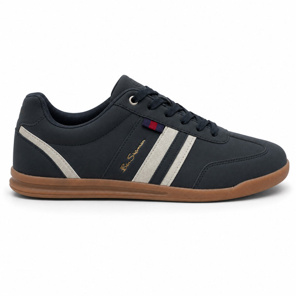 Ben Sherman Retro Imitation Suede Terrace Trainers in Navy and Grey Side View