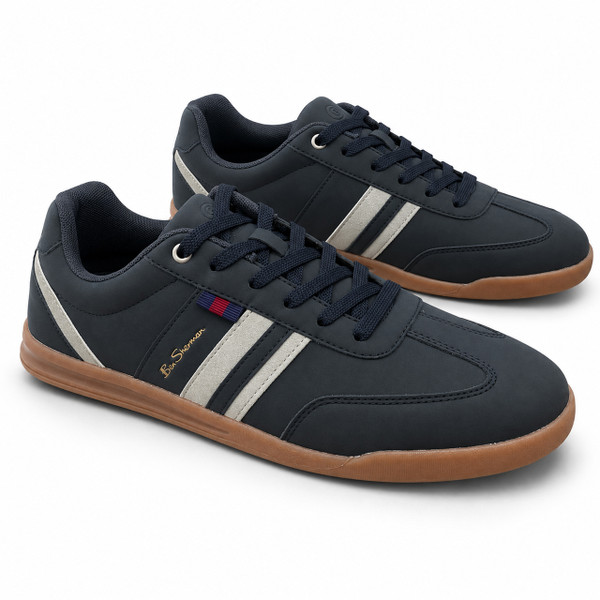 Ben Sherman Retro Imitation Suede Terrace Trainers in Navy and Grey Both Trainers Side by Side