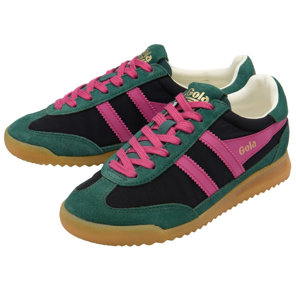 Gola Classics Firefly Women's Retro Trainers in Black / Pine / Fuchsia - Pair of Trainers Side On At Angle