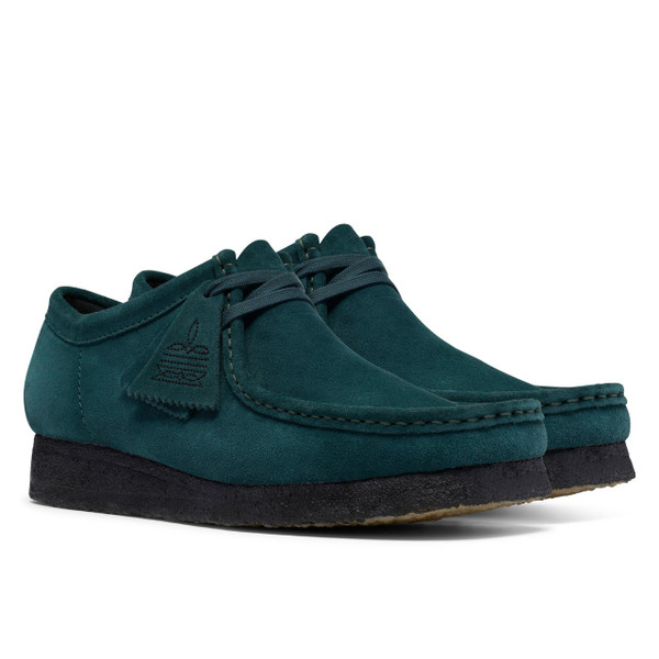 Clarks Originals Men's Wallabee Moccasin Shoes in Dark Teal Suede - Pair of Shoes Side View at Angle