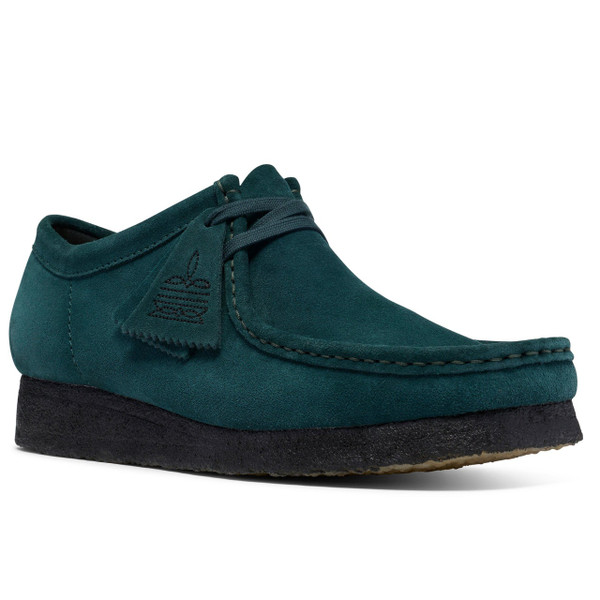 Clarks Originals Men's Wallabee Moccasin Shoes in Dark Teal Suede - Single Shoe Side View at Angle