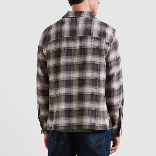 Model Wearing Farah Lavelle Long Sleeve Check Dobby Shirt in Dark Brown - Back Facing